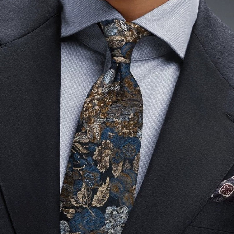 Lunepebbla vintage botanical silk necktie back view showing tipping and keeper loop
