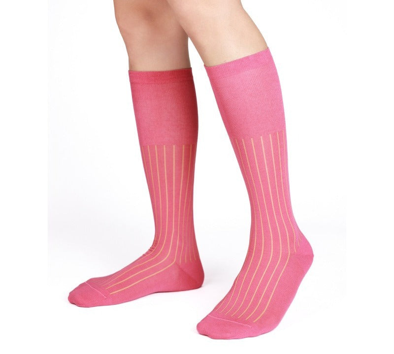Lunepebbla pink ribbed sheer nylon dress socks side view showing knee-high length and warm rose color