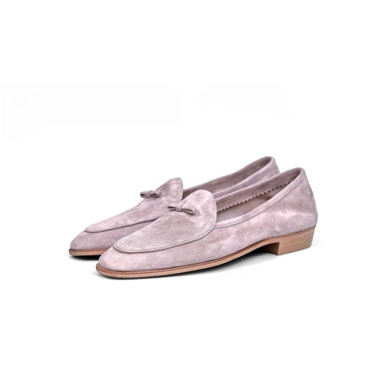 Lunepebbla sand suede tassel loafers rear view showing stacked heel and soft construction