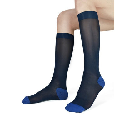 Lunepebbla sheer navy nylon knee-high dress socks front view showing blue toe reinforcement