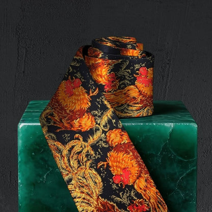 Lunepebbla rooster silk necktie flat lay showing full pattern and warm color palette