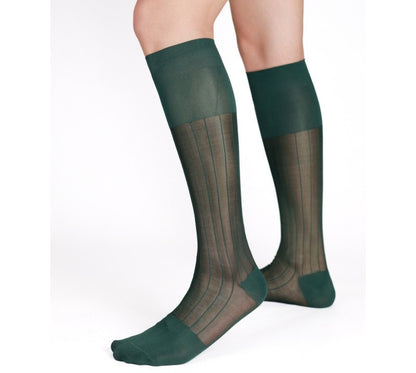 Lunepebbla ribbed sheer navy nylon knee-high dress socks with tonal opaque cuff toe and heel