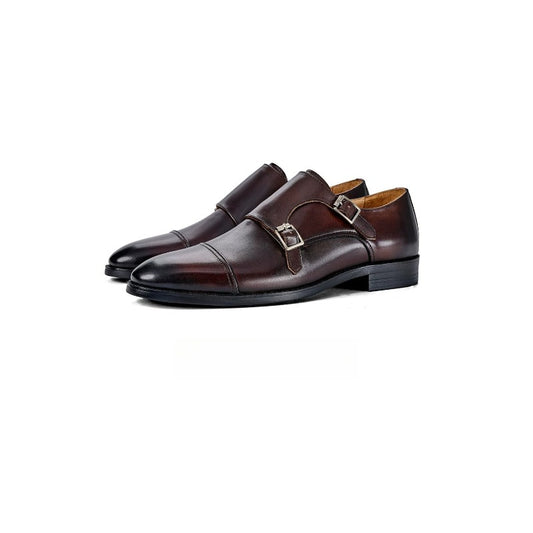 Lunepebbla handmade brown waxed calfskin double monk strap shoes with silver buckles