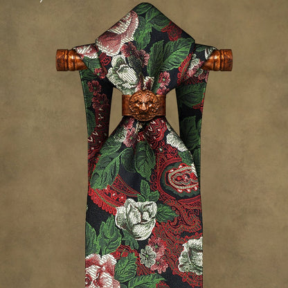 Lunepebbla paisley rose silk necktie close-up showing jacquard woven paisley and rose detail