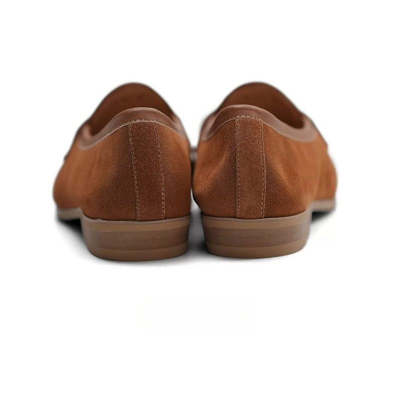 Lunepebbla close-up of brown suede and white leather panel join on spectator penny loafers