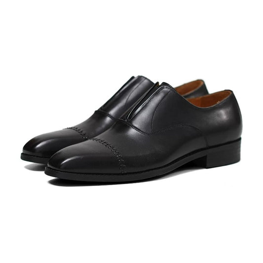 Handmade Black Leather Laceless Cap-Toe Oxfords for Men