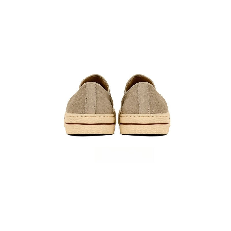 Lunepebbla Brown — handmade suede slip-on sneakers for men, gum sole casual shoes top down view