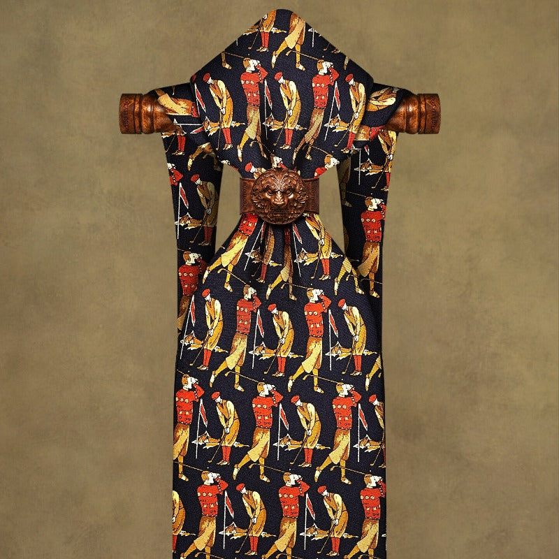 Lunepebbla golfer swing silk necktie close-up showing jacquard woven golfer pattern