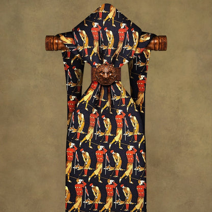 Lunepebbla golfer swing silk necktie close-up showing jacquard woven golfer pattern