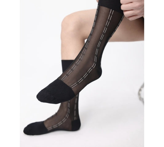 Lunepebbla pinstripe sheer grey nylon dress socks showing visible pinstripe detail