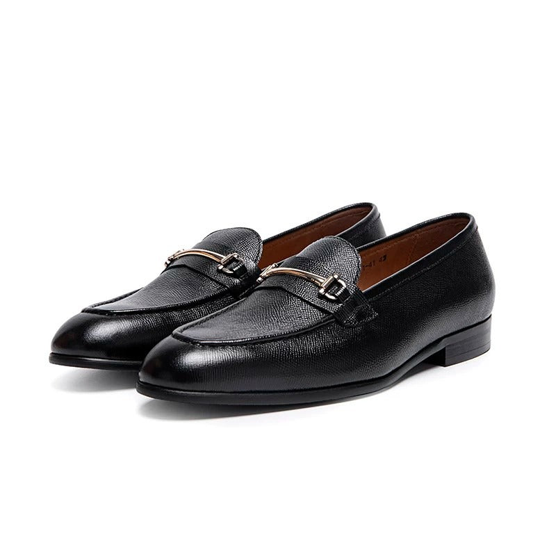 Lunepebbla black leather horsebit loafers top view showing gold-tone horsebit hardware on vamp