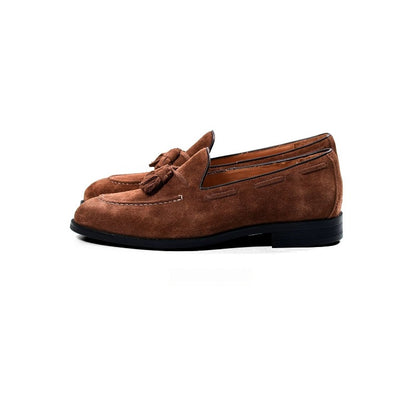 Lunepebbla tobacco suede tassel loafers rear view showing heel and Blake-stitched construction