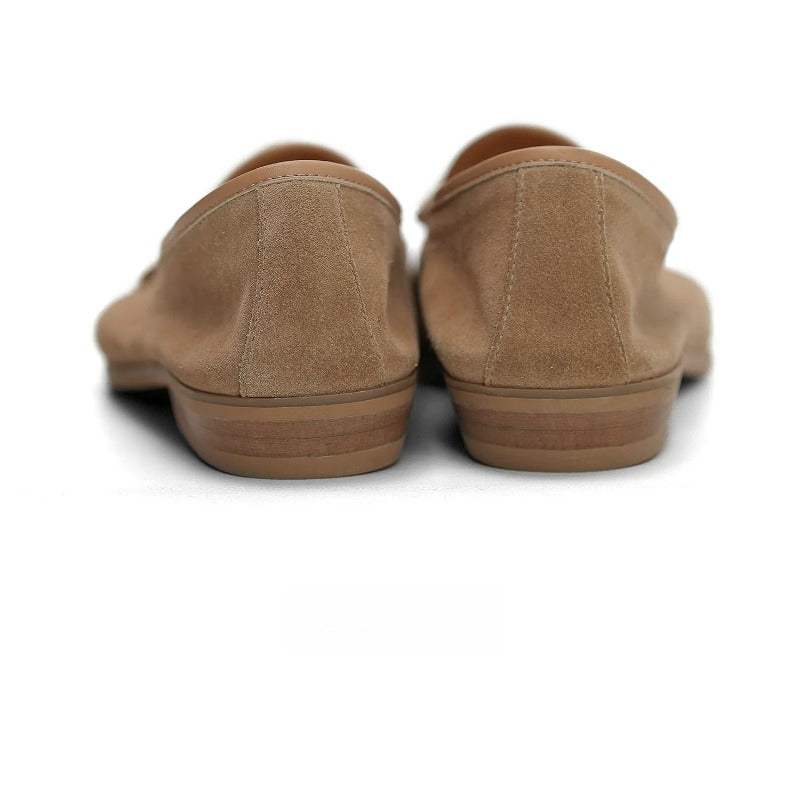 Lunepebbla camel suede Belgian loafers close-up showing bow detail and suede texture