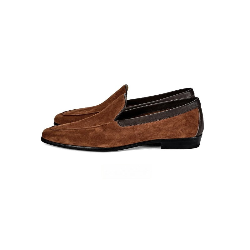 Lunepebbla Tan — handmade suede Venetian loafers for men, slip-on dress shoes top down view