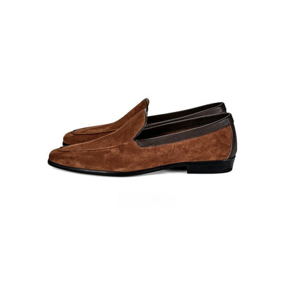 Lunepebbla Tan — handmade suede Venetian loafers for men, slip-on dress shoes top down view