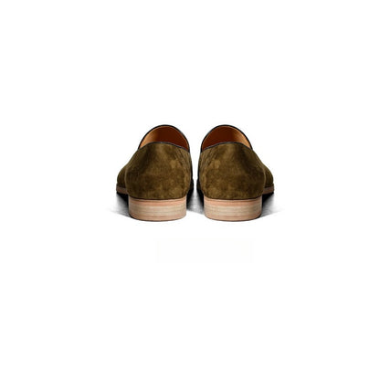 Lunepebbla tan lambskin suede horsebit loafers for men with gold-tone buckle front view