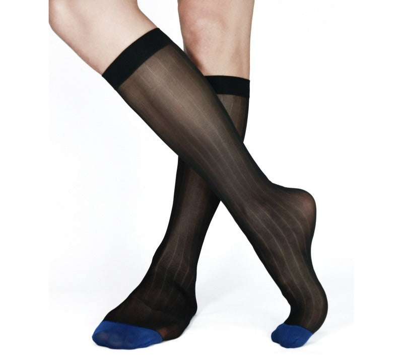Lunepebbla sheer black nylon knee-high dress socks front view showing blue toe reinforcement