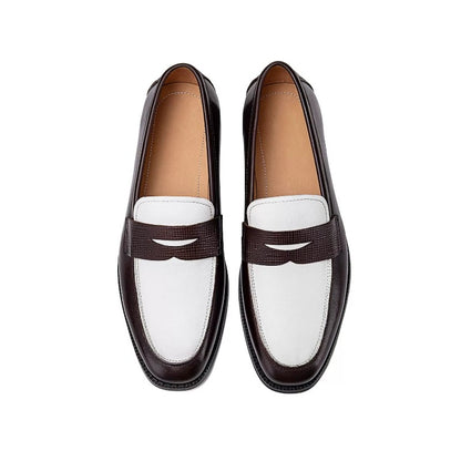 Lunepebbla black dual-texture penny loafers with black suede body and black smooth leather strap