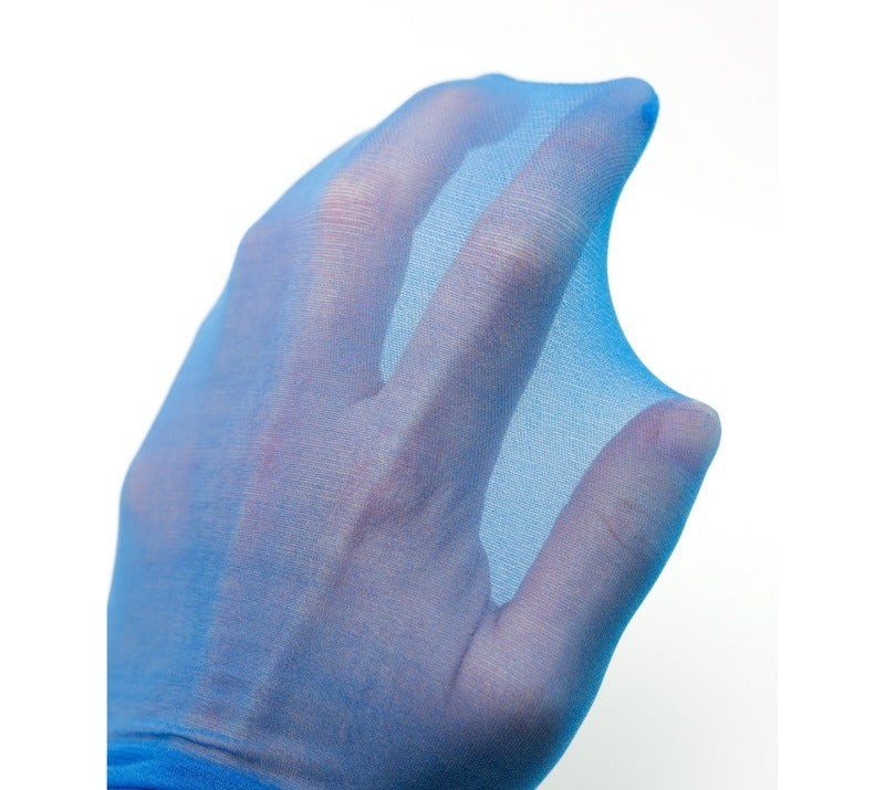 Lunepebbla sheer blue nylon knee-high dress socks front view showing translucent blue color