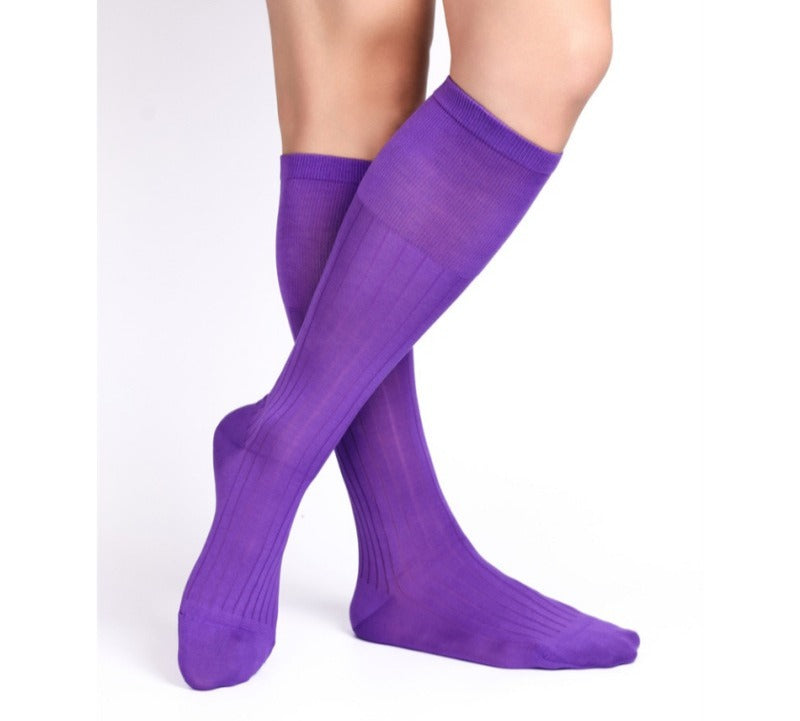 Lunepebbla opaque purple dress socks side view showing knee-high length and dense color