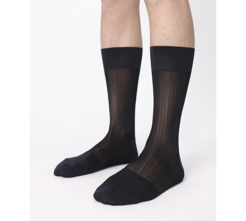 Lunepebbla ribbed sheer white nylon dress socks with contrast opaque panels mid-calf