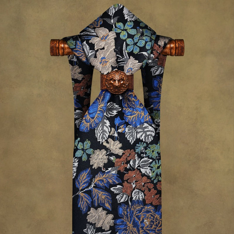 Lunepebbla garden floral silk necktie close-up showing jacquard woven garden pattern