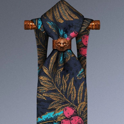 Lunepebbla tropical botanical silk necktie close-up showing jacquard woven leaf pattern