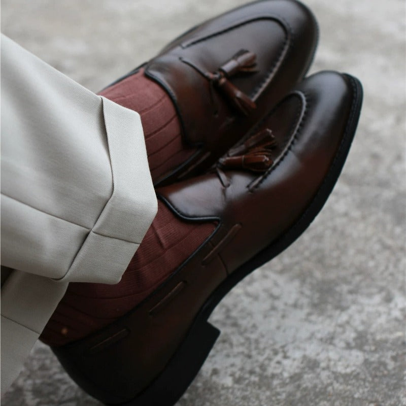 Lunepebbla leather tassel loafers in black and brown with twin tassels Blake-stitched collection