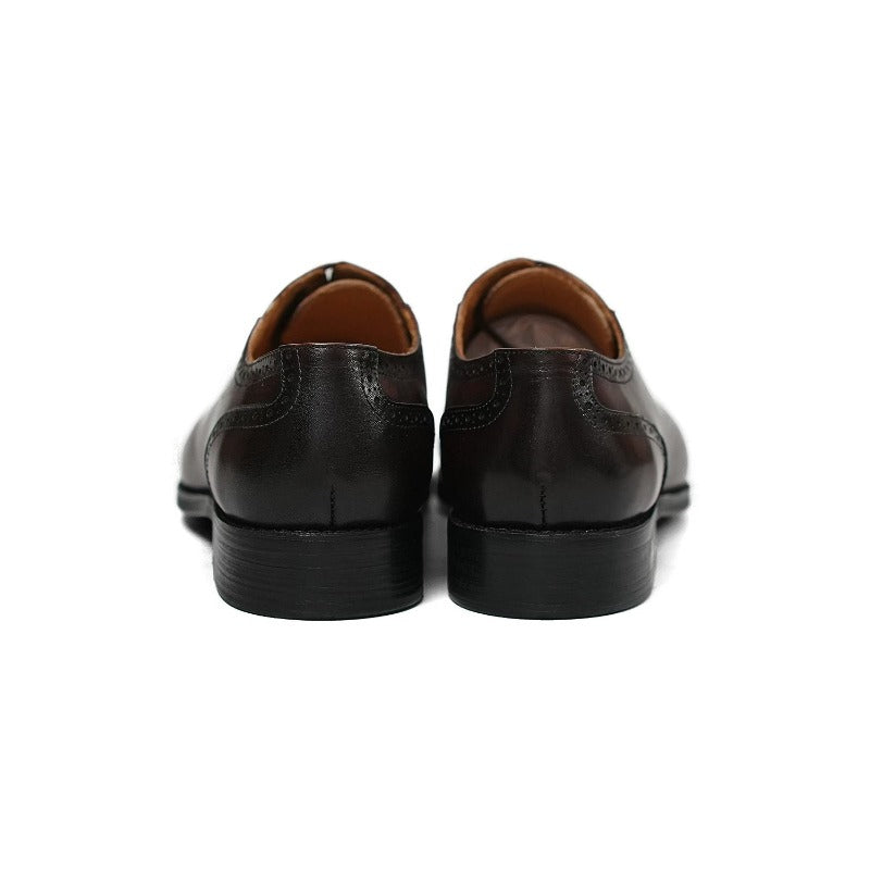 Lunepebbla handmade black waxed calfskin cap-toe oxford shoes with quarter-brogue perforations