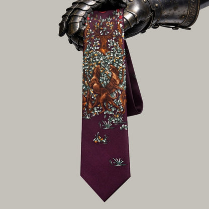 Lunepebbla hunting dog and deer silk necktie draped showing color depth and woven detail