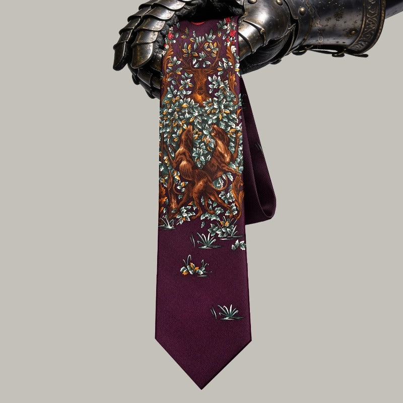 Lunepebbla hunting dog and deer silk necktie draped showing color depth and woven detail