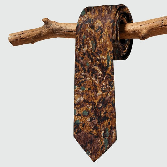 Italian Renaissance floral mulberry silk necktie in amber gold and teal, yarn-dyed jacquard woven mens tie on wooden branch