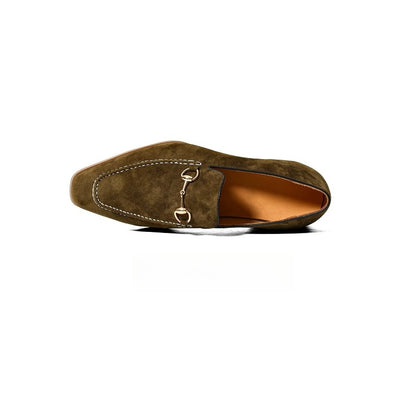 Lunepebbla tan suede horsebit loafers side profile showing gold hardware and slim sole