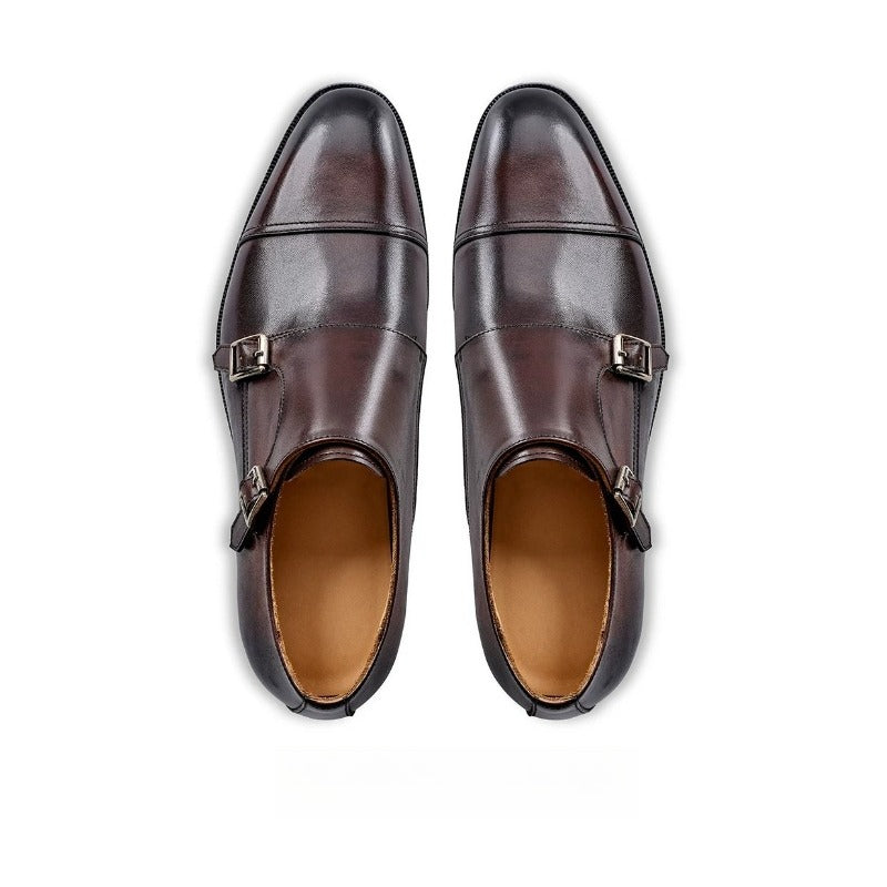Lunepebbla brown double monk strap shoes top view showing burnished finish and silver buckles