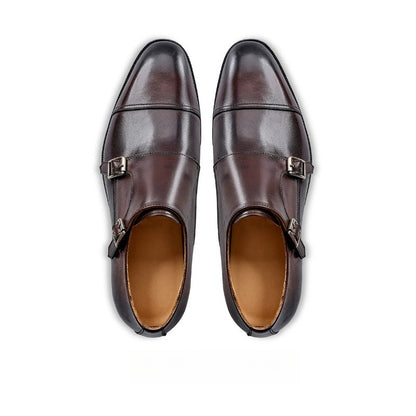 Lunepebbla brown double monk strap shoes top view showing burnished finish and silver buckles
