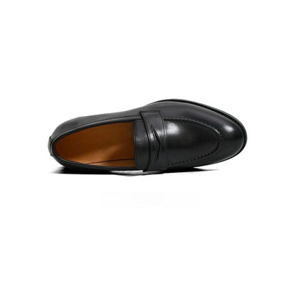 Lunepebbla brown waxed calfskin penny loafers side view showing hand-burnished tonal variation
