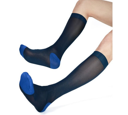 Lunepebbla sheer navy dress socks sole view showing contrast solid blue sole against navy body