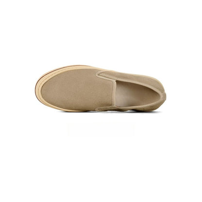 Lunepebbla Brown — handmade suede slip-on sneakers for men, gum sole casual shoes back heel view