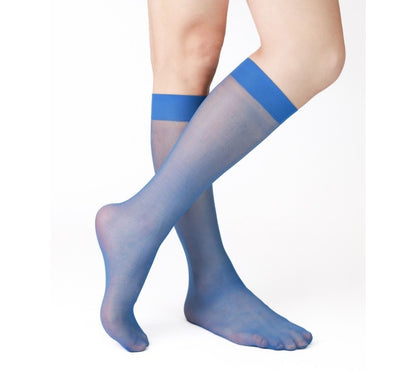 Lunepebbla sheer blue nylon dress socks close-up showing color saturation and tonal gradient