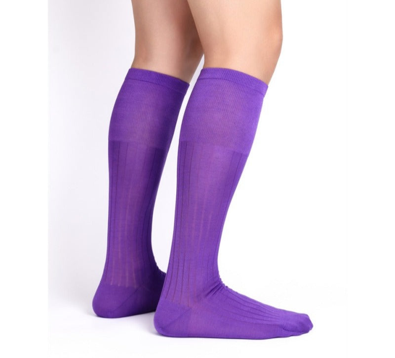 Lunepebbla opaque purple nylon dress socks rear view showing reinforced heel and opaque finish