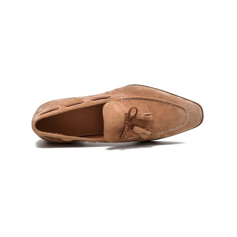 Lunepebbla close-up of dark-brown contrast tassels on sand lambskin suede vamp detail