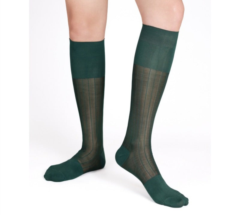 Lunepebbla ribbed sheer grey nylon knee-high dress socks showing visible rib texture