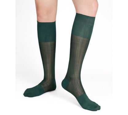 Lunepebbla ribbed sheer grey nylon knee-high dress socks showing visible rib texture
