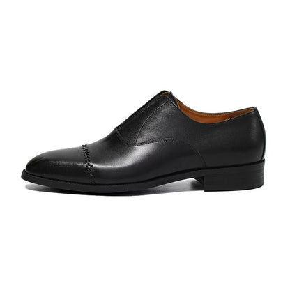 Handmade Black Leather Laceless Cap-Toe Oxfords for Men