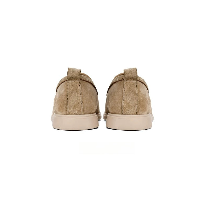 Lunepebbla Sand — handmade suede loafers white sole, summer slip-on shoes for men close up detail