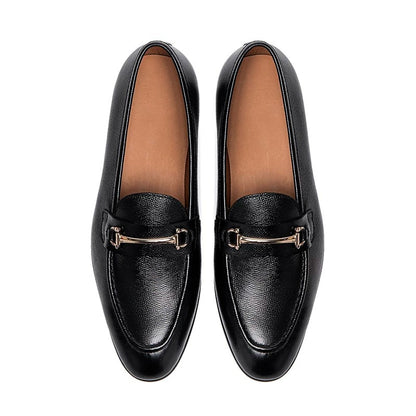 Lunepebbla black leather horsebit loafers rear view showing heel profile and construction