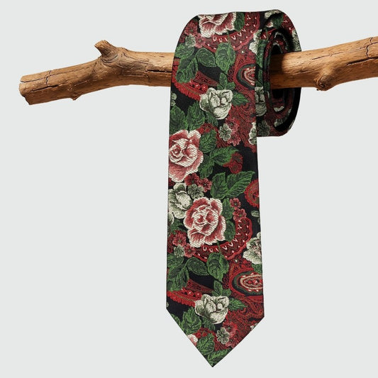 Lunepebbla paisley rose mulberry silk necktie, yarn-dyed jacquard woven full view