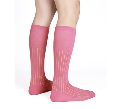 Lunepebbla pink ribbed sheer dress socks close-up showing rib texture, tonal depth, and saturated color