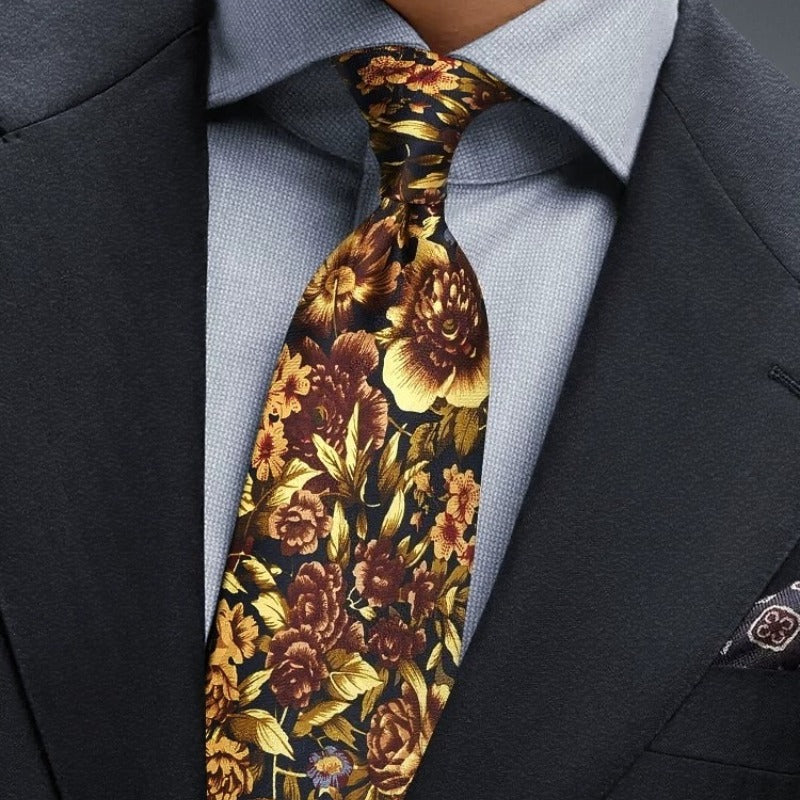 Lunepebbla baroque floral silk necktie back view showing tipping and keeper loop