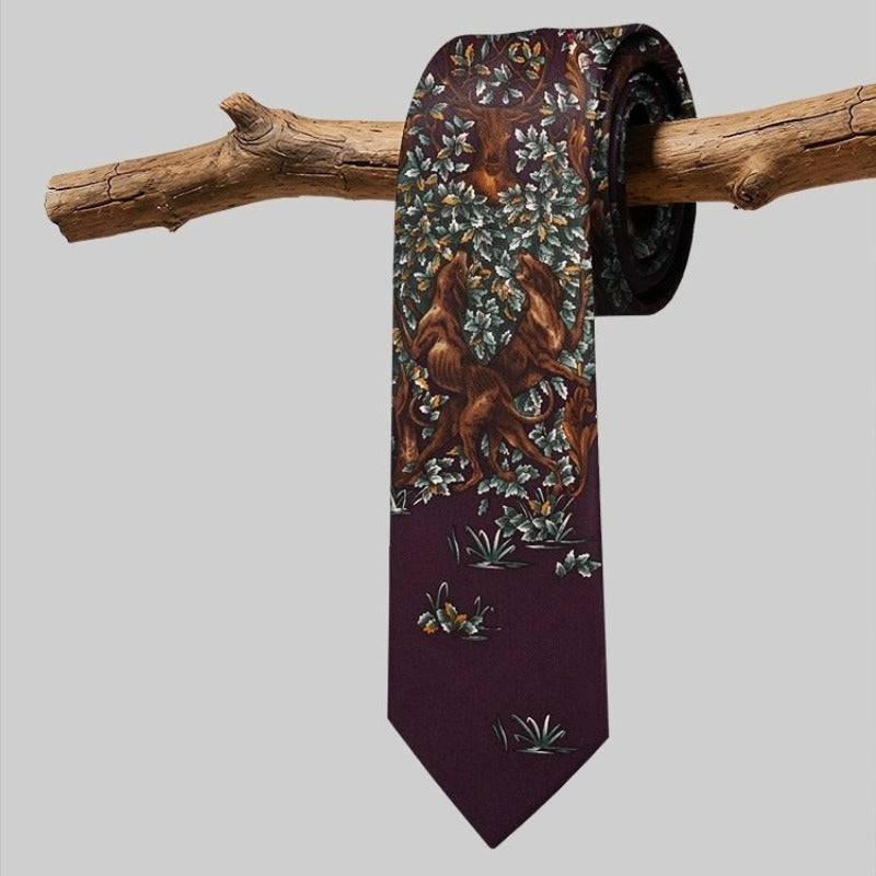 Lunepebbla hunting dog and deer mulberry silk necktie, yarn-dyed jacquard in plum copper sage
